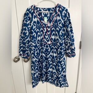 Debbie Katz South Beach 100% Cotton Tunic Cover Up Dress L Blue Boho Coastal NWT